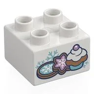 Duplo Brick 2 x 2 with Cupcake, Cookies with Snow Flakes Print, White