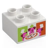 Duplo Brick 2 x 2 with Dark Pink Dogs, Pizza, Lime/Reddish Orange Background Print, White