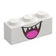 Brick 1 x 3 with Open Mouth Smile with Teeth and Dark Pink Tongue (Boo) Print, White