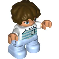 Duplo Figure Child with Short Wavy Hair Dark Brown, with Bright Light Blue Legs, Shirt with Azure and Aqua Stripes and Pocket Print, White