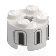 Brick Round 2 x 2 with Axle Hole with Dark Bluish Grey/Black Windows Print, White