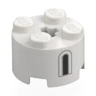 Brick Round 2 x 2 with Axle Hole with Dark Bluish Grey/Black Window Print, White