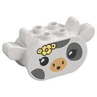 Duplo Brick 2 x 4 x 2 Ears and Pointed Horns with Cow Face Print, White