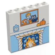 Panel 1 x 6 x 5 with Medium Blue Fireplace, Pumpkins, Clock, Framed Picture of Rapunzel, Dog, Cat, Mouse Print, White