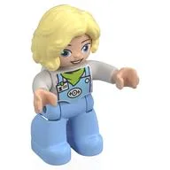 Duplo Figure with Long Hair Parted on Left Bright Light Yellow, Bright Light Blue Legs, Lime Neckerchief Print, White