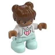 Duplo Figure Child with Two Buns on Top and Long Bangs Reddish Brown, with Light Aqua Legs, Pink and White Strips In Heart on Shirt Print, White