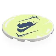 Tile Round 6 x 6 with Dark Blue LEGO Brick, Nike Logo on Yellowish Green Background Print, White