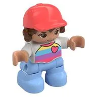 Duplo Figure Child with Long Hair and Cap Coral, Bright Light Blue Legs, Striped Shirt with Heart Print, White