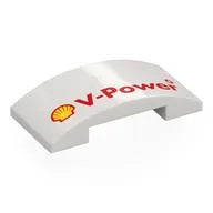 Brick Curved 4 x 2 Double with Red Shell 'V-Power' Print, White