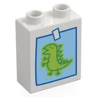 Duplo Brick 1 x 2 x 2 with Childs Drawing of a Dinosaur Print, White