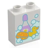 Duplo Brick 1 x 2 x 2 with Bubbles, Sponge, Rubber Duck, and Bottle of Shampoo Print, White