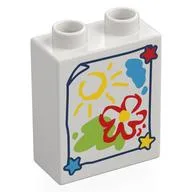Duplo Brick 1 x 2 x 2 with Childs Drawing of a Flower and Sun Print, White