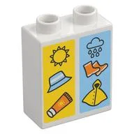 Duplo Brick 1 x 2 x 2 with Sun, Hat, and Sunscreen on Yellow Background, and Rain Cloud, Rain Boots, Raincoat on Blue Background Print, White