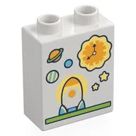 Duplo Brick 1 x 2 x 2 with Rocket Ship, Sun, Planets Print, White