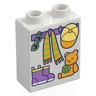 Duplo Brick 1 x 2 x 2 with Hooks with Scarf and Hat, Shoes, and Teddy Bear Print, White