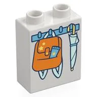 Duplo Brick 1 x 2 x 2 with Hooks with Bag and Umbrella Print, White