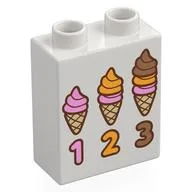 Duplo Brick 1 x 2 x 2 with '1 2 3', 3 Sizes Ice Creams Print, White