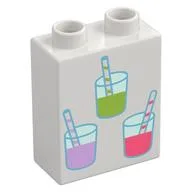 Duplo Brick 1 x 2 x 2 with Lime, Lavender, and Coral Lemonade Glasses Print, White