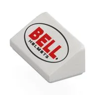 Brick Sloped 30° 1 x 2 x 2/3 with Red 'BELL', Black 'HELMETS' in Black Oval Print, White