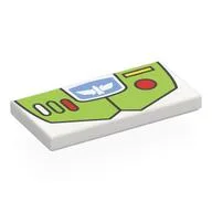 Tile 2 x 4 with Lime Armour, White/Red/Yellow Buttons, Bird on Medium Blue Background Print (Buzz Lightyear), White
