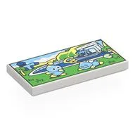 Tile 2 x 4 with Blue Birds / Flicky, Mansion with Pool, Green Grass, Palm Trees Print, White