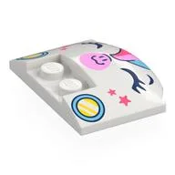 Brick Round 3 x 4 x 2/3 Triple Curved with 2 Sunk Studs with Unicorn Face, Rainbow Mane, Bright Pink Nose, Dark Blue Eyes, Coral Star, Yellow/Bright Light Blue Headlights Print, White