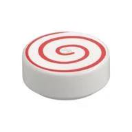 Tile Round 1 x 1 with Red Spiral Print, White
