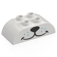 Duplo Brick 2 x 4 Curved Top with Black Dog Nose, Medium Blue Dots Print, White