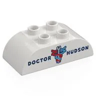 Duplo Brick 2 x 4 Curved Top with 'DOCTOR NUDSON;, Red/Blue Serpents around Wrench Print, White