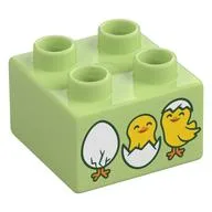 Duplo Brick 2 x 2 with Three Eggs Hatching / Hatched, Yellow Chicks Print, Yellowish Green