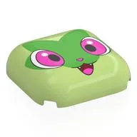 Brick Round, Curved 4 x 4 with Sprigatito Face, Dark Pink Eyes, Open Mouth, Green Leave Print, Yellowish Green
