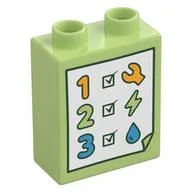 Duplo Brick 1 x 2 x 2 with Check List, 1, 2, 3, Wrench, Lightning Bolt, Droplet Print, Yellowish Green