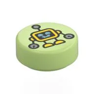 Tile Round 1 x 1 with Toy Robot Print, Yellowish Green