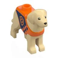 Animal, Dog, Standing with Reddish Orange Vest, Dark Blue Coastguard Logo Print, Tan