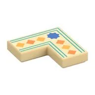 Tile 2 x 2 Corner with Blue Star, Orange/Bright Light Orange Squares, Dark Turquoise Line Print, Tan