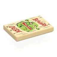 Tile 2 x 3 with Wooden Sign, 'OGER BEWARE', Shrek Face Print, Tan