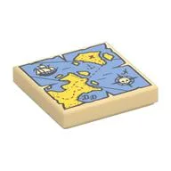 Tile 2 x 2 with Map with Red 'X', Sail Boat, Compass and Blue and Yellow Print, Tan