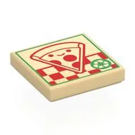 Tile 2 x 2 with Pizza Box, Red Smiling Pizza, Green Border Print, Tan