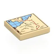 Tile 2 x 2 with Map, Medium Blue Water, Dark Red Line, X Print, Tan