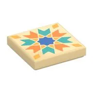 Tile 2 x 2 with Dark Turquoise/Orange Chevrons, Bright Light Orange Diamond, BlieStar Print, Tan
