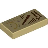Tile 1 x 2 with Dark brown Wand, Scribbles, 'W', 'L', Silver Stars Print, Tan