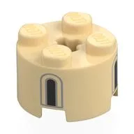 Brick Round 2 x 2 with Axle Hole with Dark Bluish Grey/Black Window Print, Tan