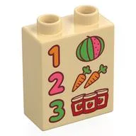 Duplo Brick 1 x 2 x 2 with '1', '2', '3', Jam Jars, Carrots, and Watermelon Print, Tan