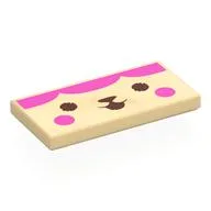 Tile 2 x 4 with Dark Brown Face, Dark Pink Cheeks, Hair Print, Tan