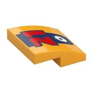 Brick Curved 2 x 2 x 2/3 with Red '21', Dark Blue Stripe, White Octagon with Lightning Bolt Print, Bright Light Orange