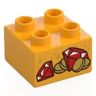 Duplo Brick 2 x 2 with Coins and Red Gems (Jewels) Print, Bright Light Orange