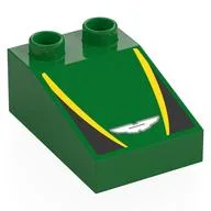 Duplo Brick 3 x 2 Slope 33° with Black and Yellow Panels, Aston Martin Winged Logo Print, Green