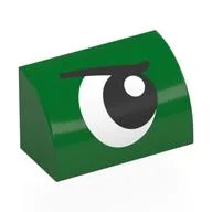 Brick Curved 1 x 2 x 1 No Studs with Eye, Looking Right, Angry Print, Green