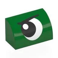 Brick Curved 1 x 2 x 1 No Studs with Eye, Looking Left, Angry Print, Green