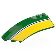 Brick Wedged, Curved 8 x 3 x 2 Open Left with White/Dark Blue Stripes, Yellow Field Print, Green